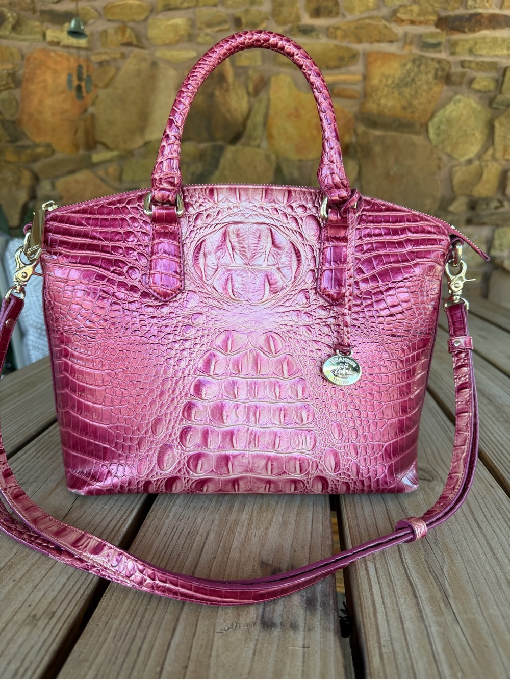 Brahmin Metallic Pink Croc-Embossed Satchel Bag